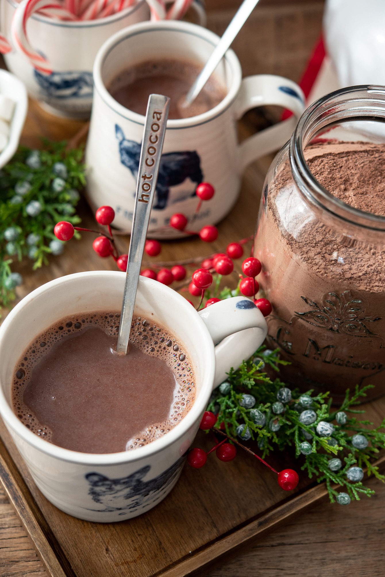 Hot cocoa made with homemade mix in a mug cup.