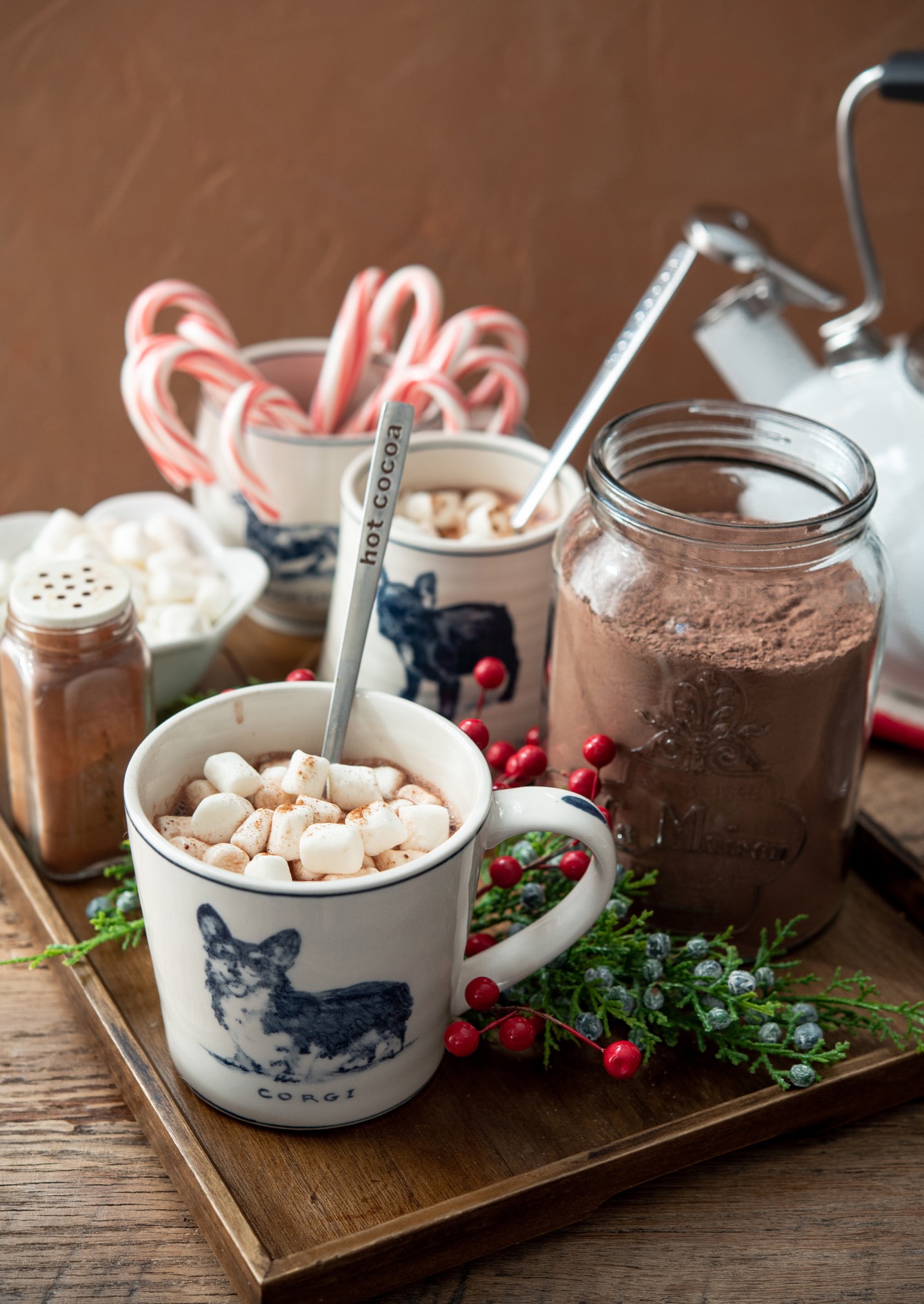 A cup of hot chocolate topped with marshmallow and Christmas candy cane.