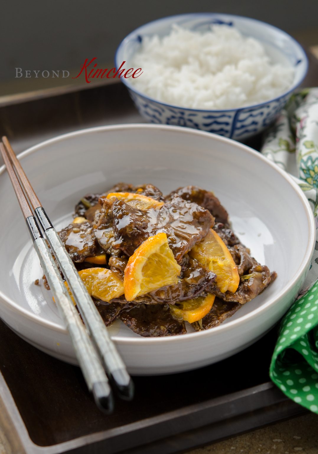 Korean style orange beef in a serving dish.