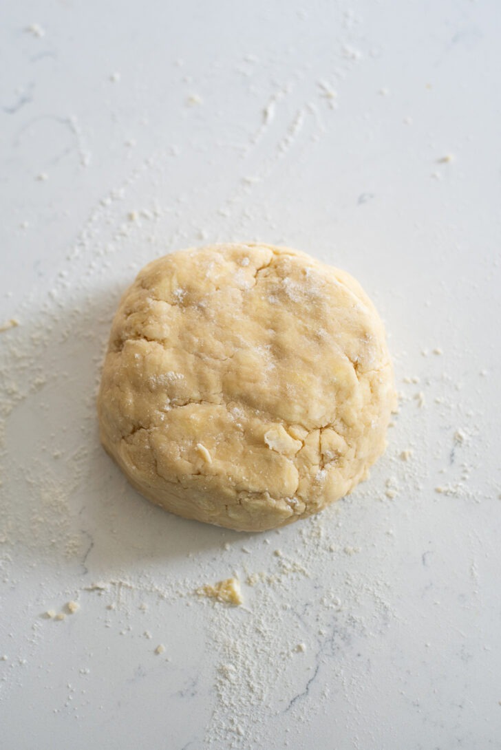 Lard and butter Pie dough gathered to form a disk shape.