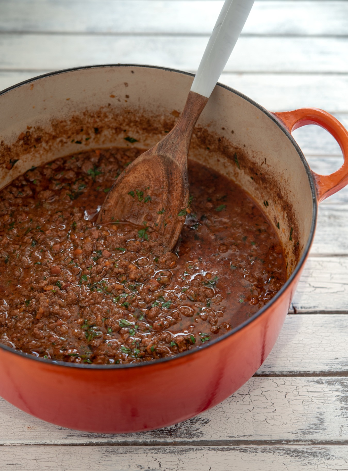 Authentic Italian Ragu Bolognese sauce in a pot.