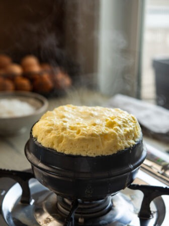 Steaming hot volcanic Korean egg cooked in a stone pot.