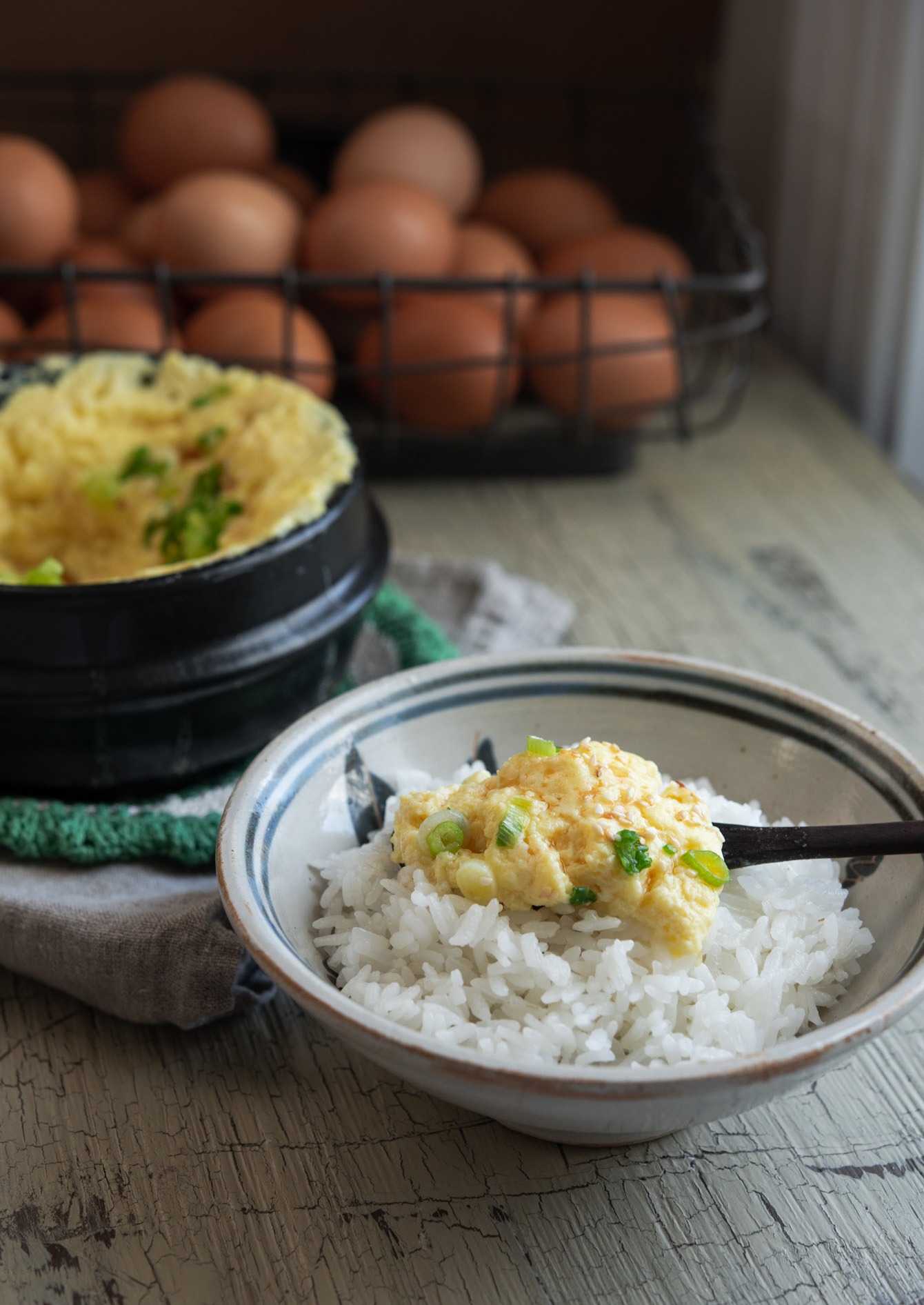 Soft and smooth Korean teamed egg served with rice.