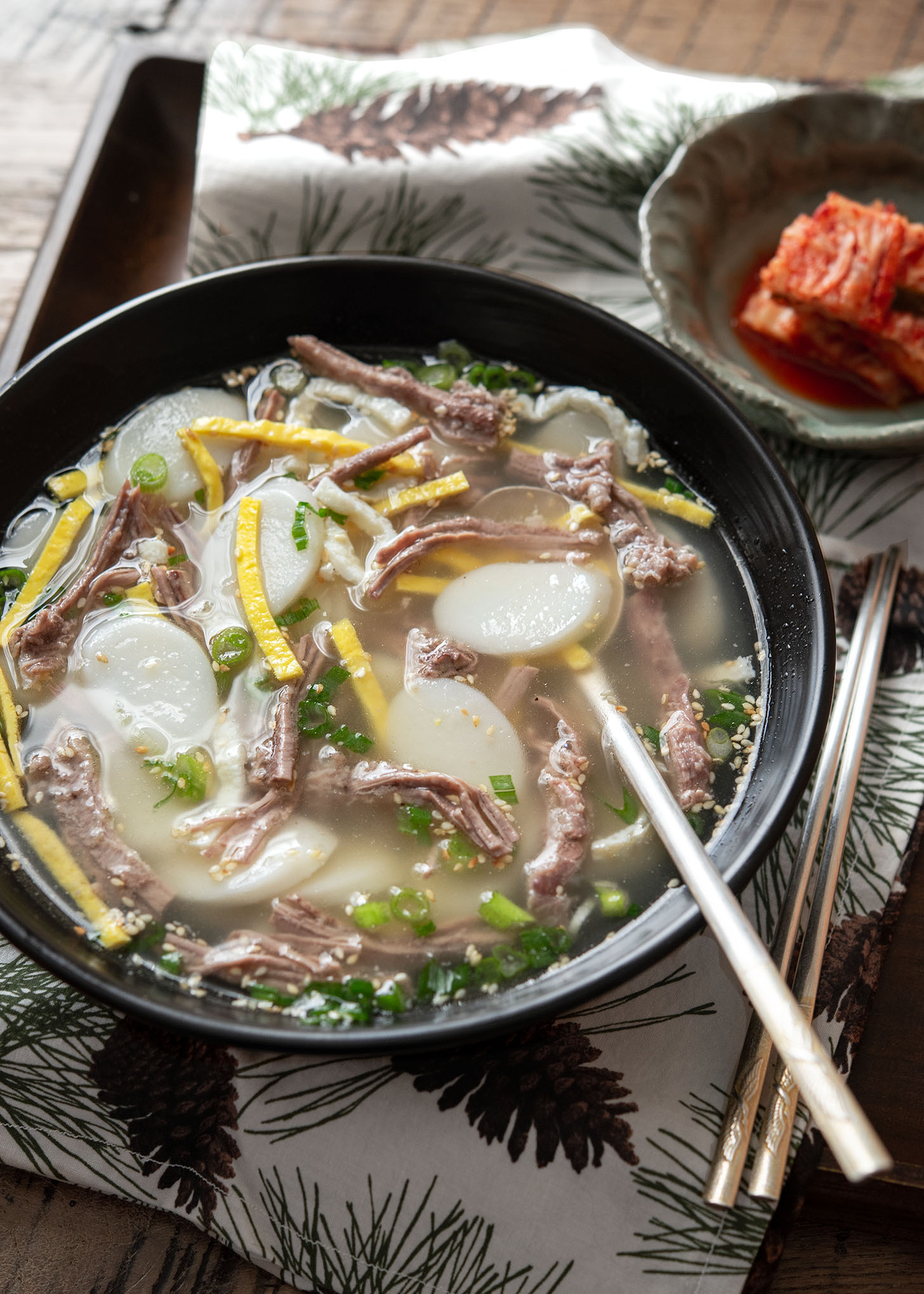 Korean rice cake soup in beef broth.