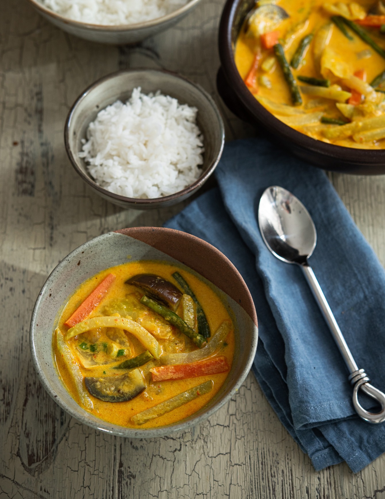 Vegetable curry in coconut milk served with white rice.