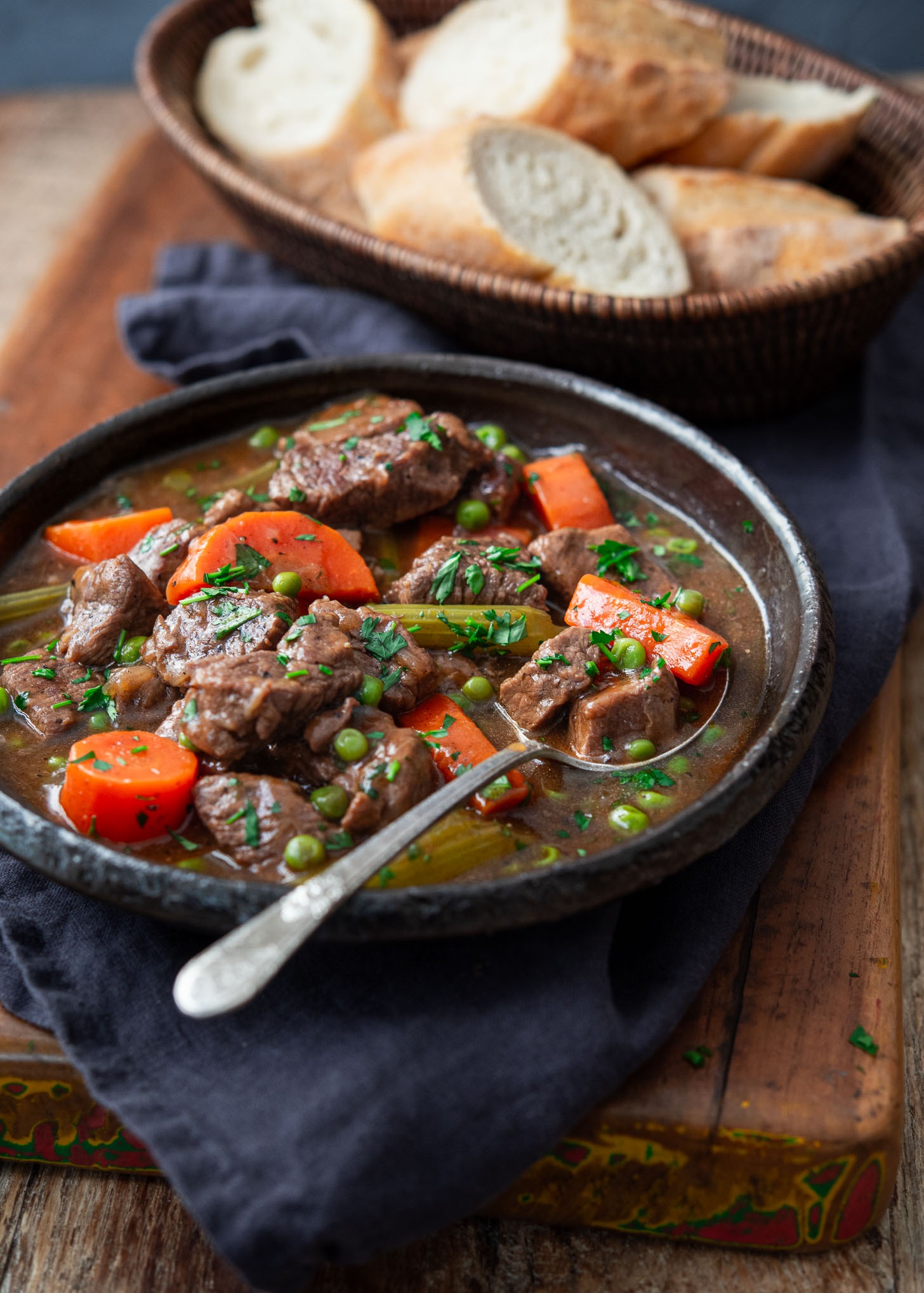 Old fashioned beef stew with tender beef chunks and vegetables in a bowl.