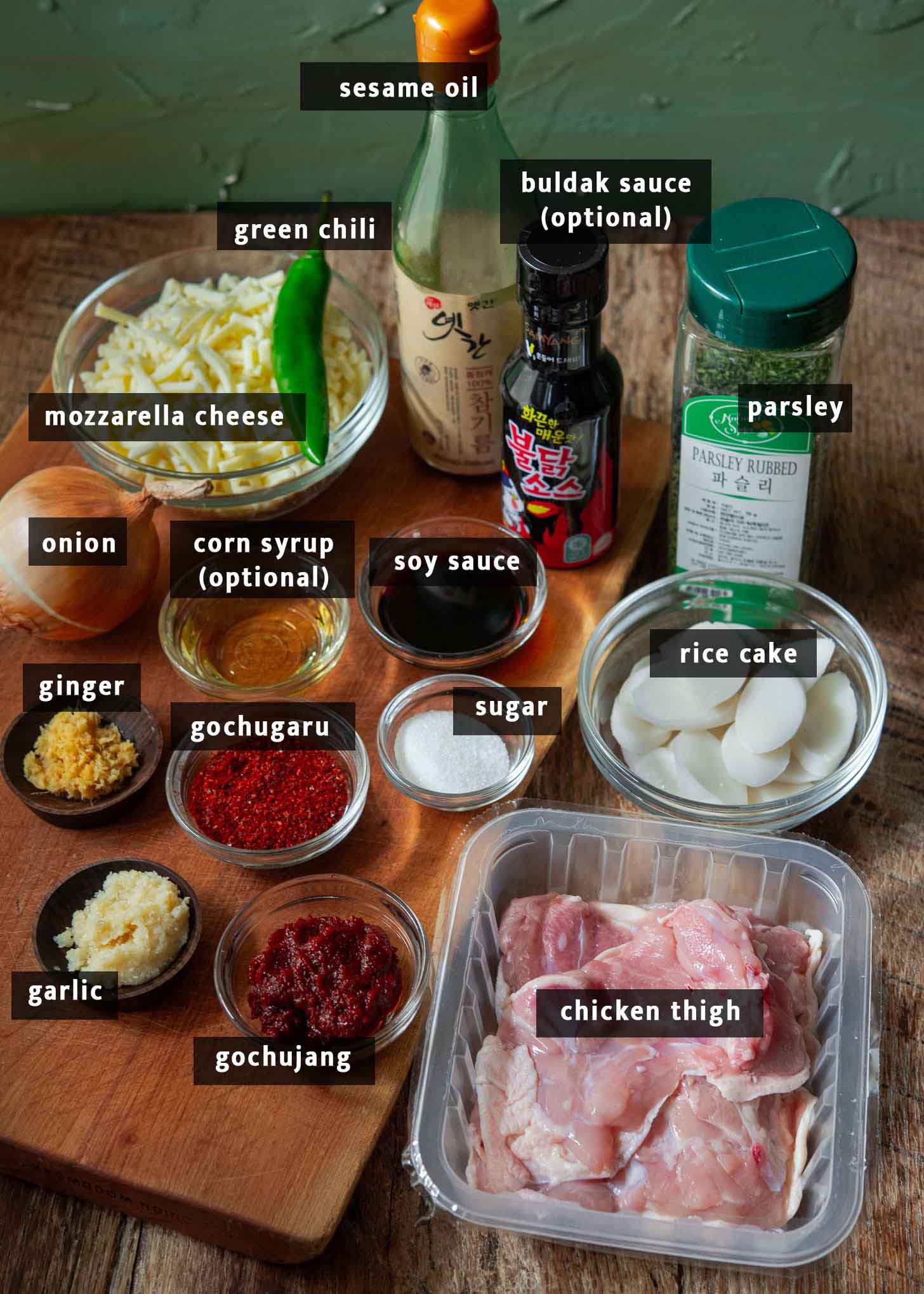 Recipe ingredients for cheese buldak (Korean fire chicken).