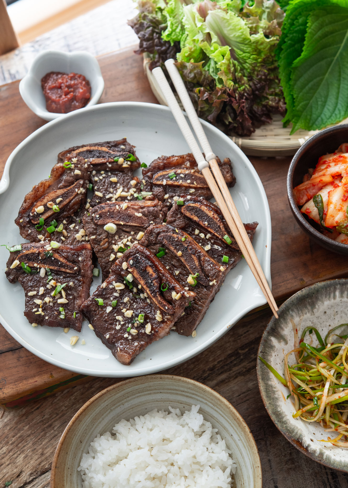 LA style Korean bbq short ribs and other side dishes.