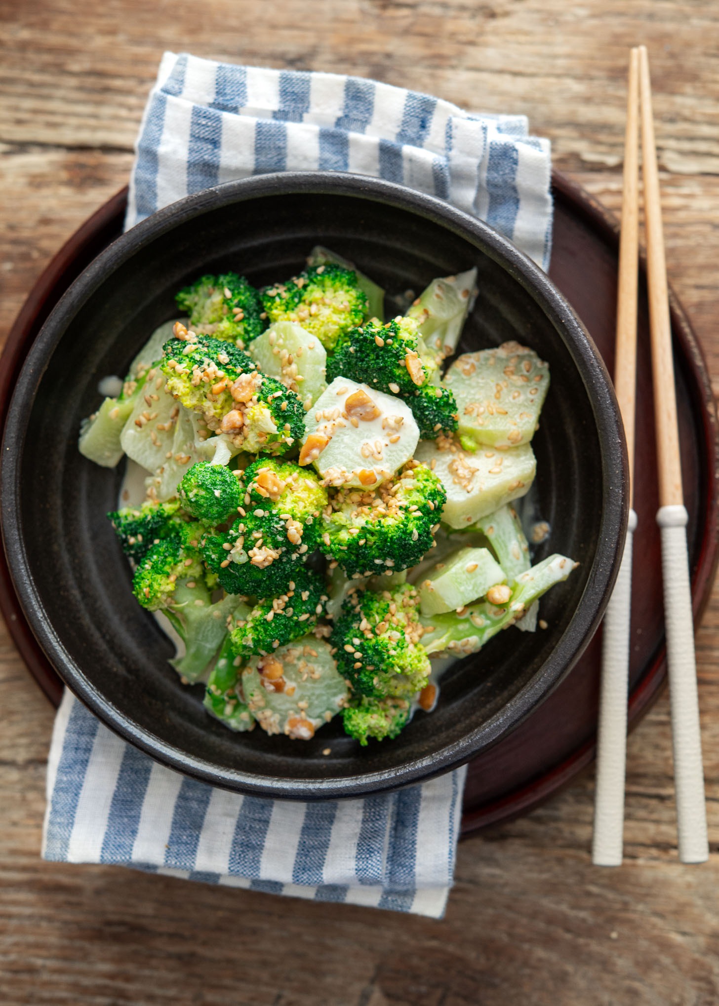 A bowl of sesame broccoli salad.