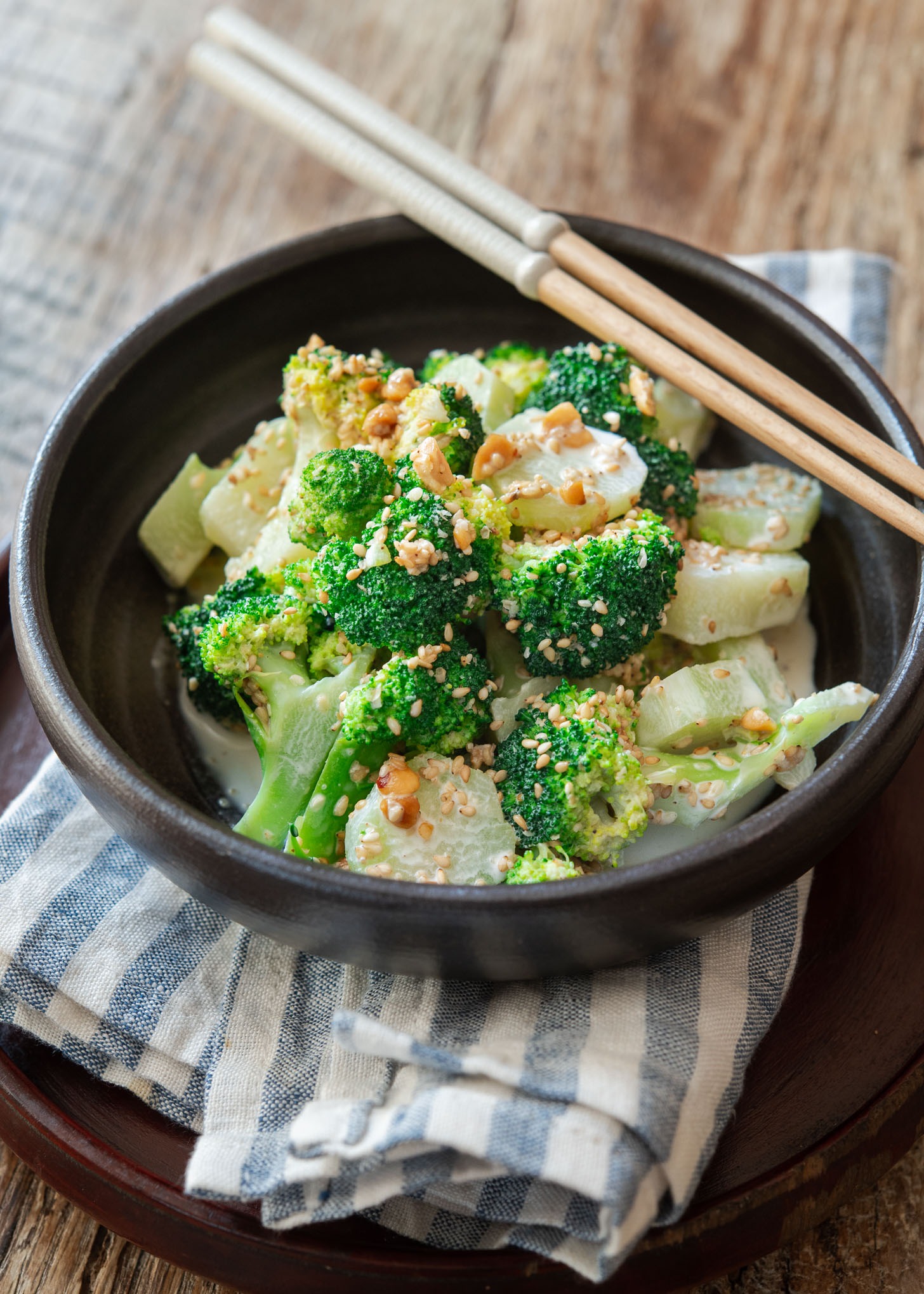 Asian style sesame broccoli salad as a side dish.