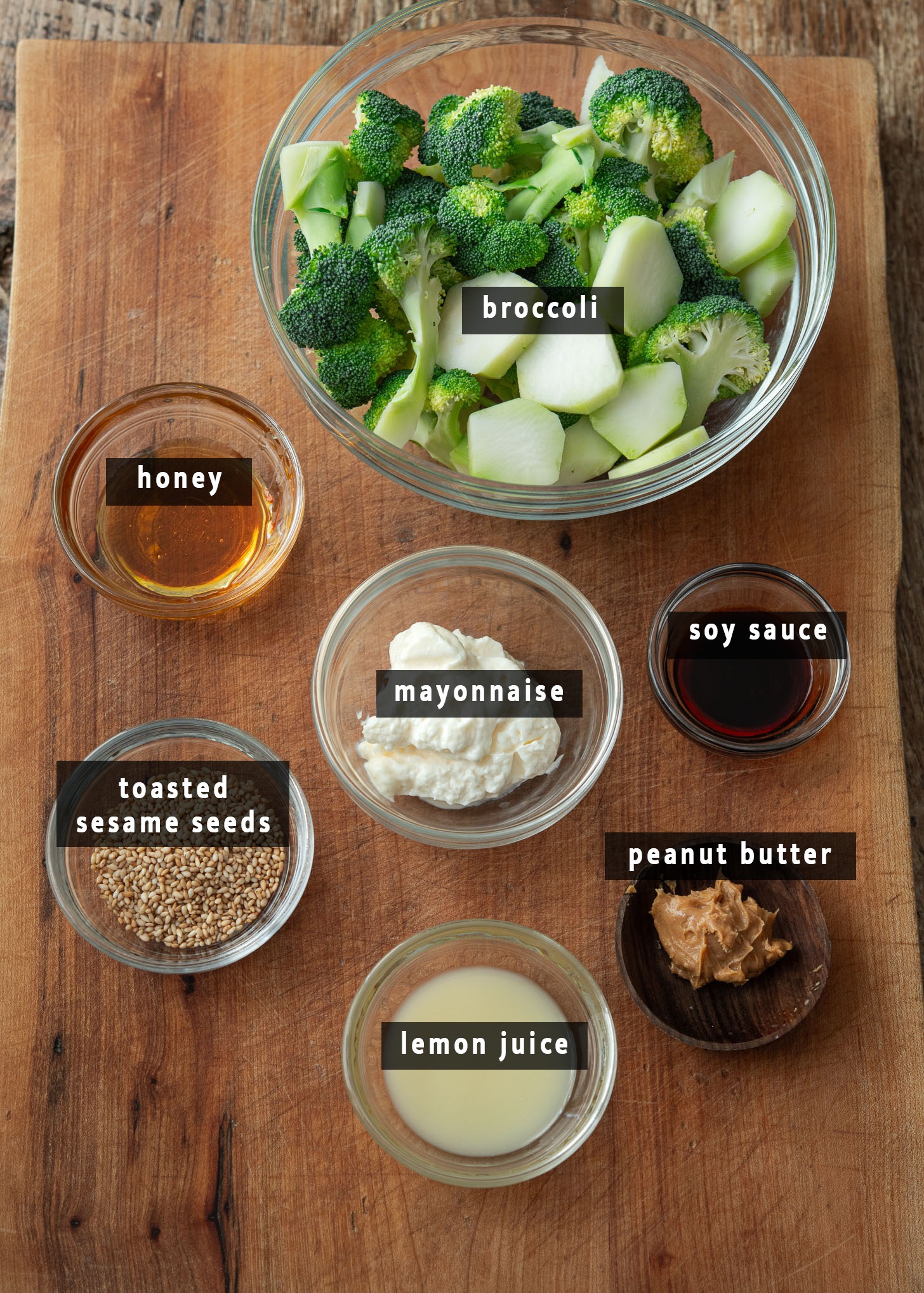 Ingredients for making sesame broccoli salad.