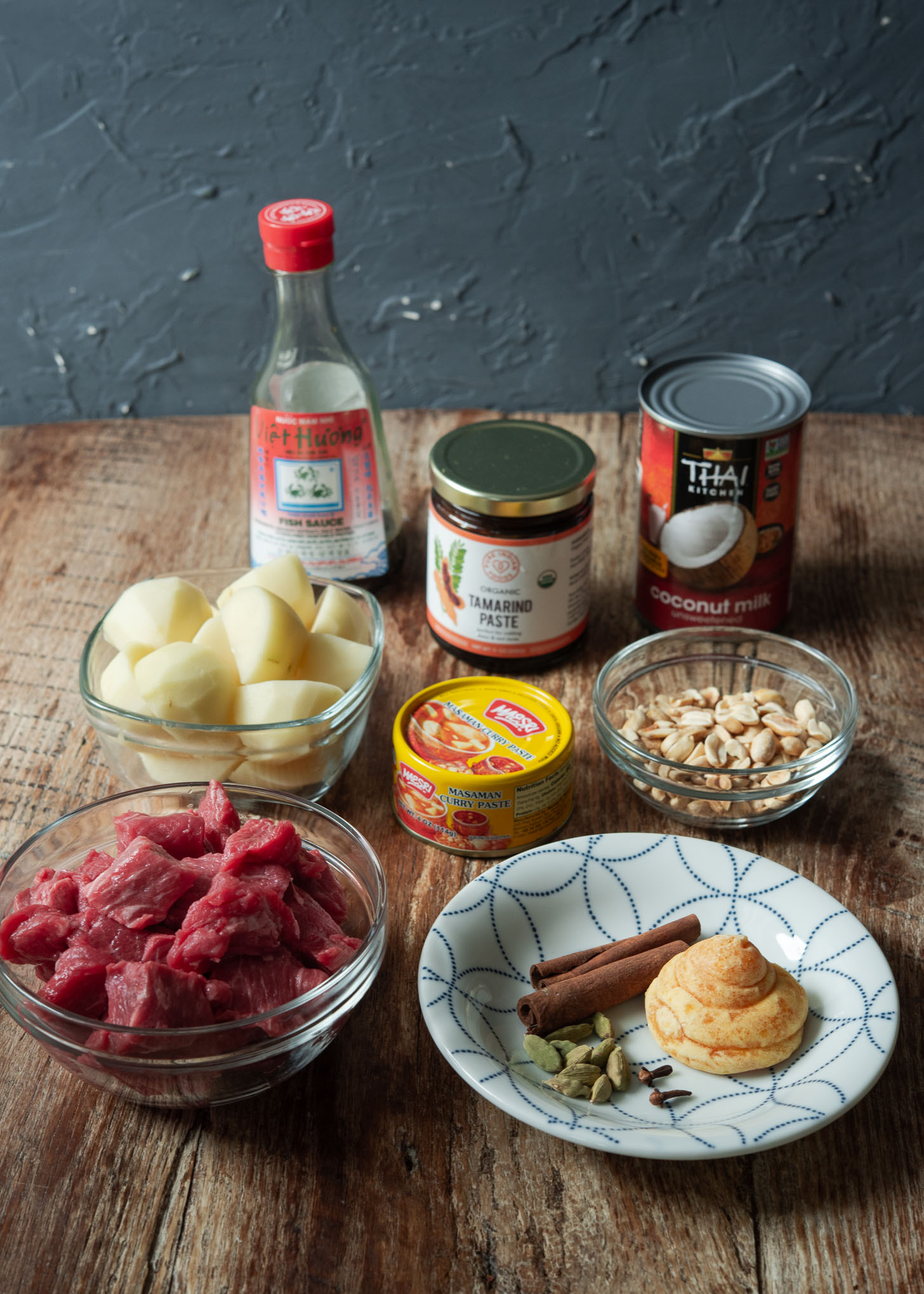 Ingredients for making Thai beef massaman curry.