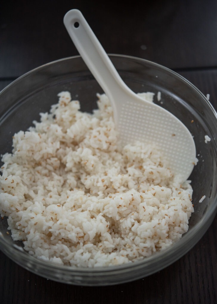 Short grain rice seasoned to make kimbap.