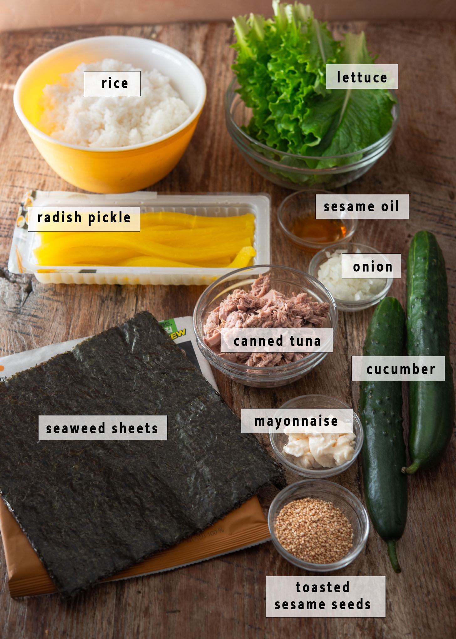 Recipe ingredients for making cucumber tuna kimbap.