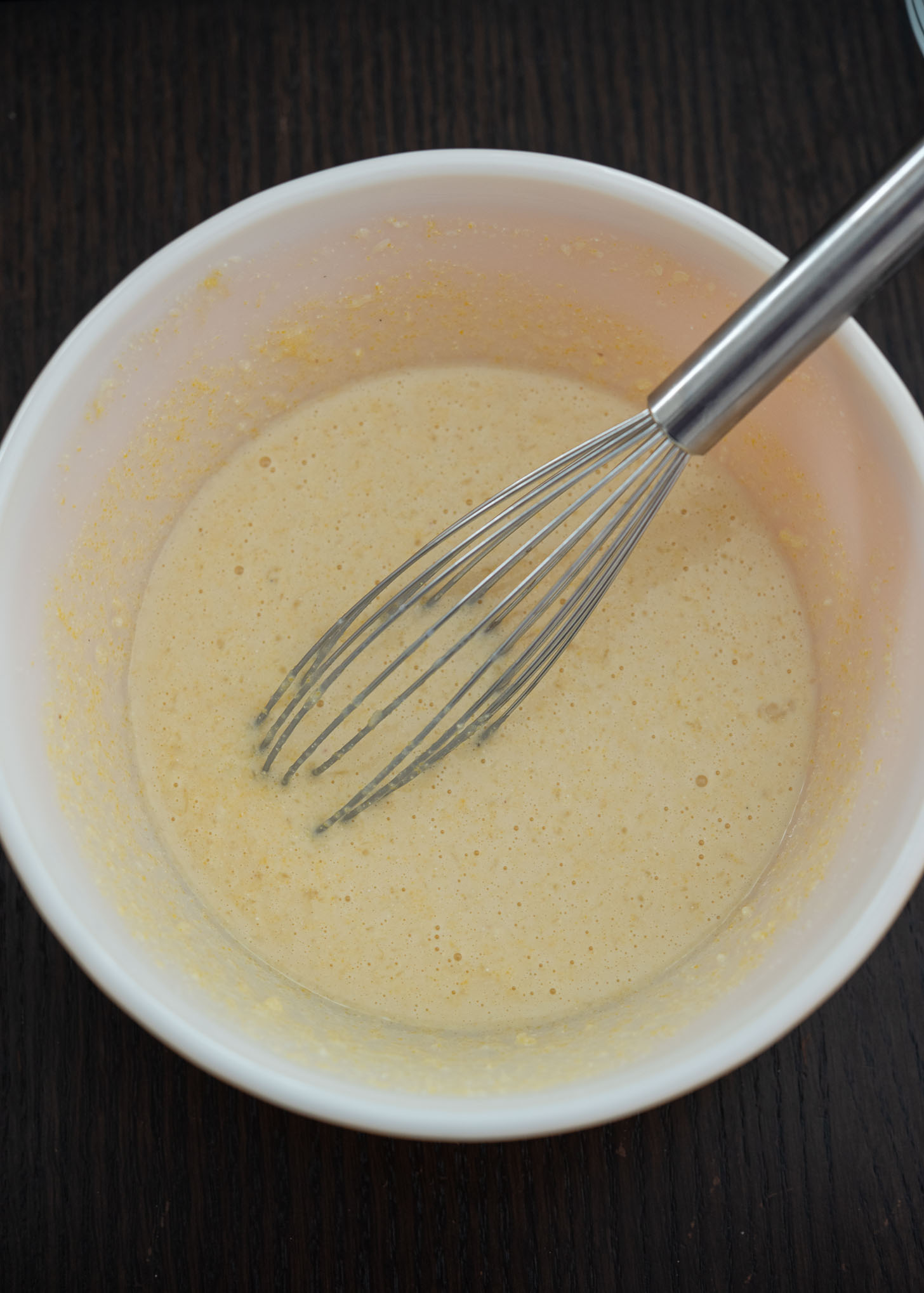 Egg bread batter made with pancake mix and corn meal.