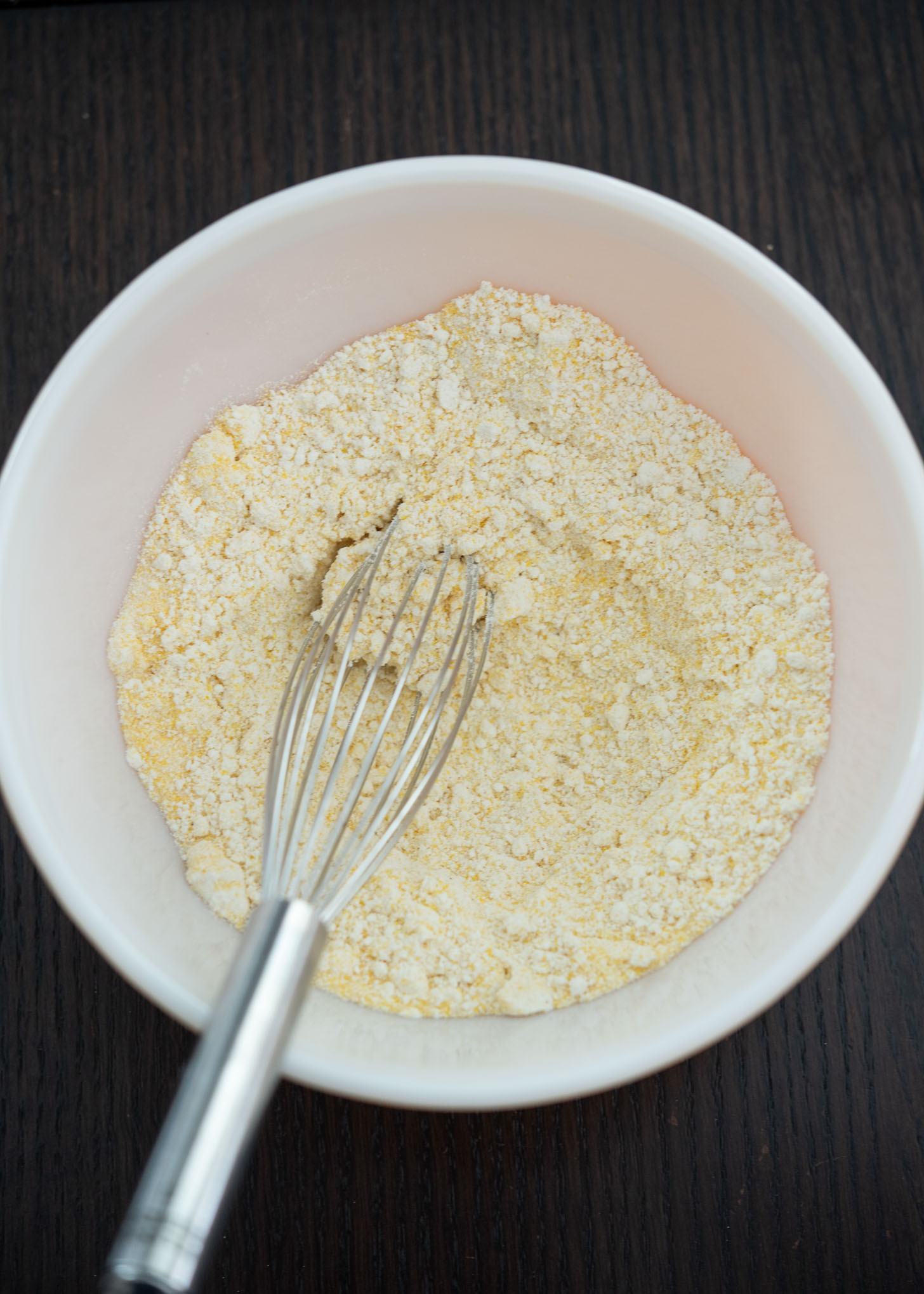 Pancake mix and cornmeal combined to make Korean egg bread batter.