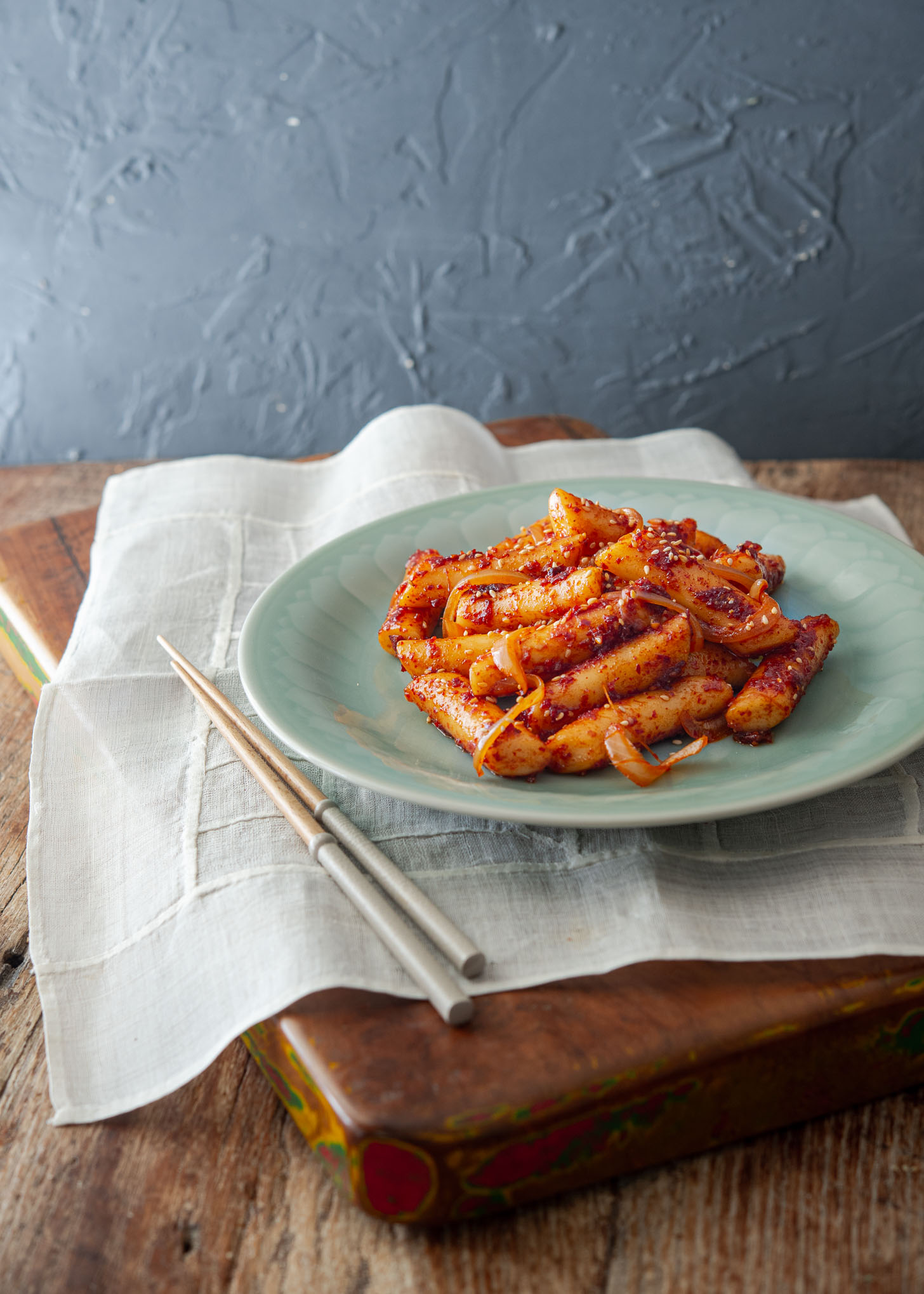 Koran style pan-fried rice cakes (gireum tteokbokki) on a serving plate.