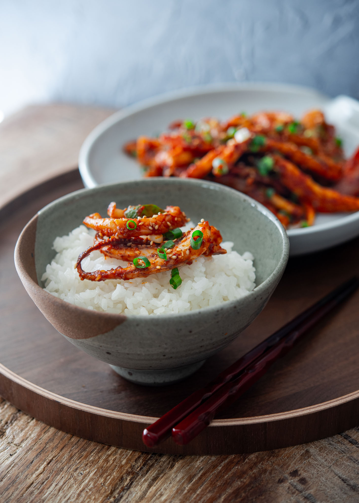 Ojingeo bokkeum on a bowl of rice.