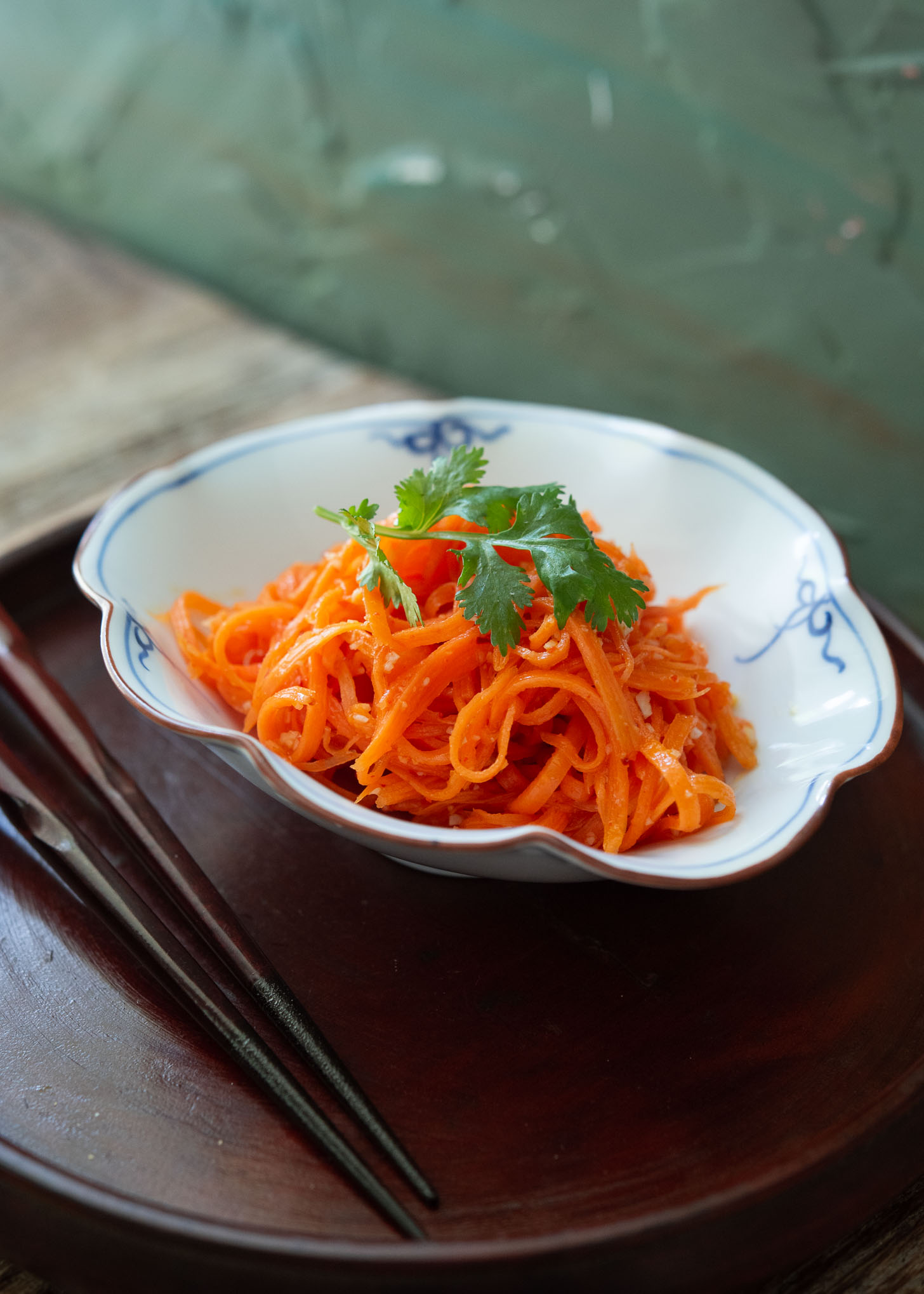 Korean carrot salad in a serving dish.