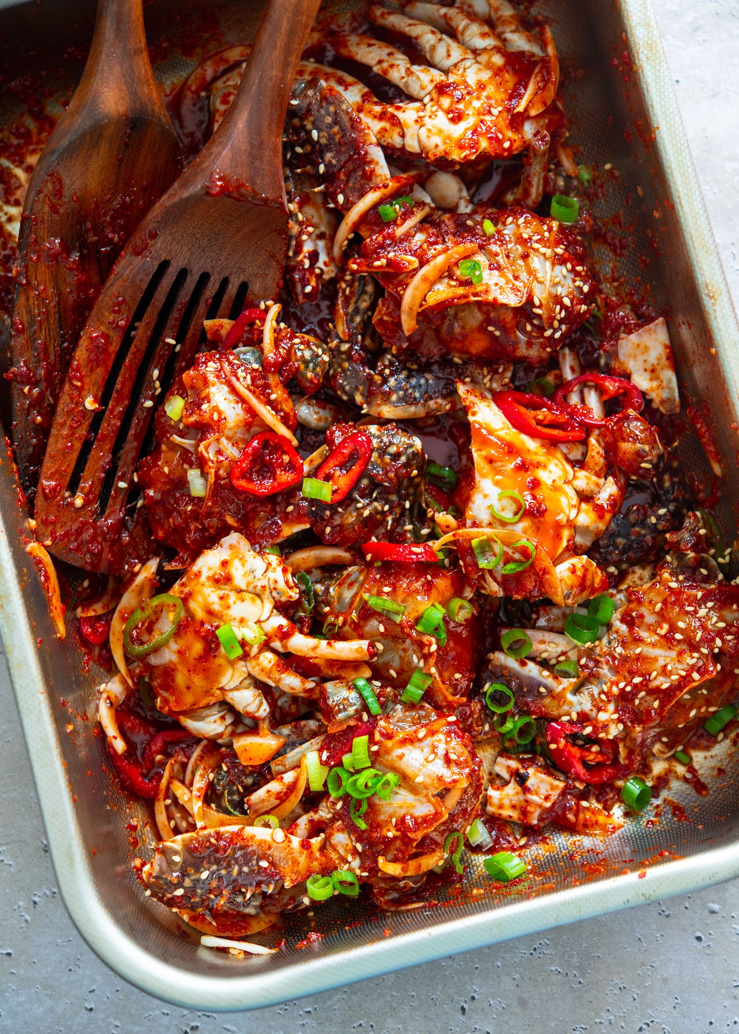 Raw marinated crab with spicy sauce.