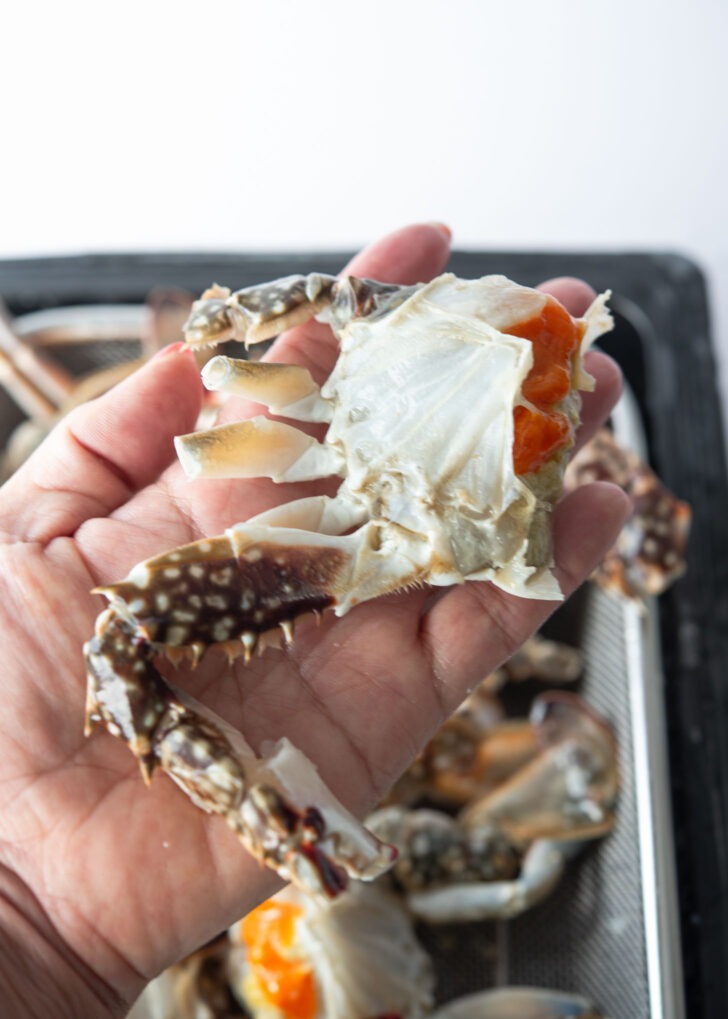 A hand holding trimmed crab.