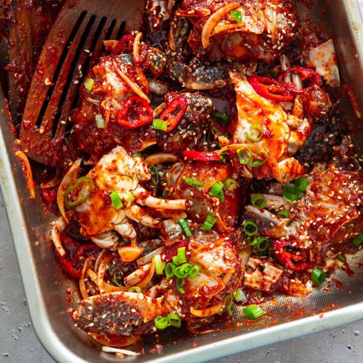 Raw marinated crab with spicy sauce.