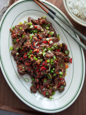 Cumin beef stir-fry on a plate.