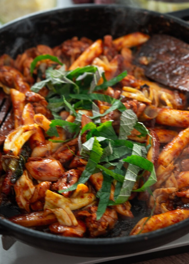 Perilla leaves added to dakgalbi, spicy chicken stir-fry.
