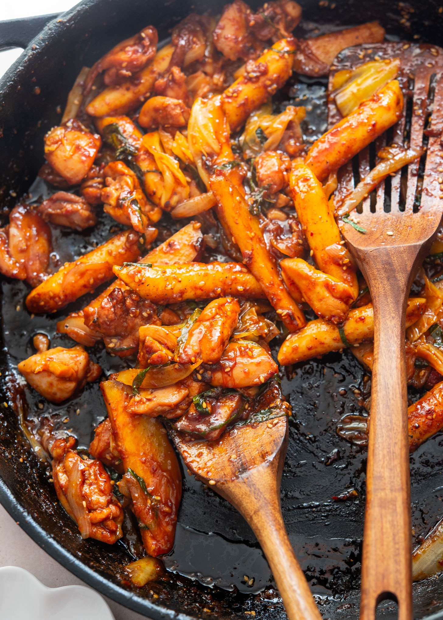 Dakgalbi stir-fried in gochujang sauce.