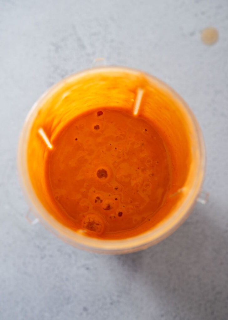 Gochujang pancake batter blended until smooth for jangtteok