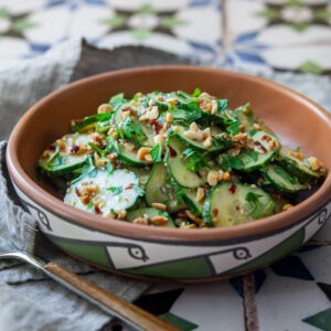 Peanut cucumber salad in a serving bowl