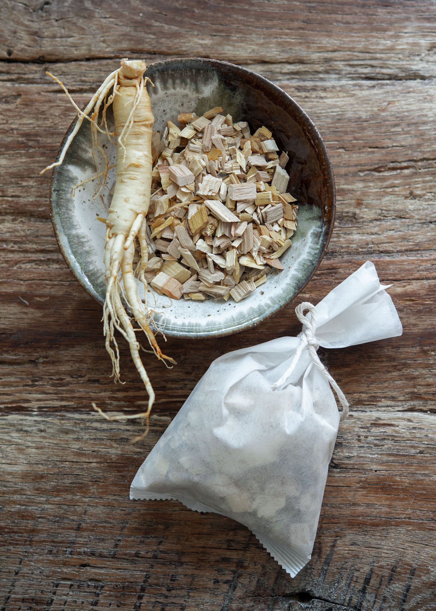 Ginseng roots and dried medicinal herbs for samgyetang prepared for Korean chicken soup

