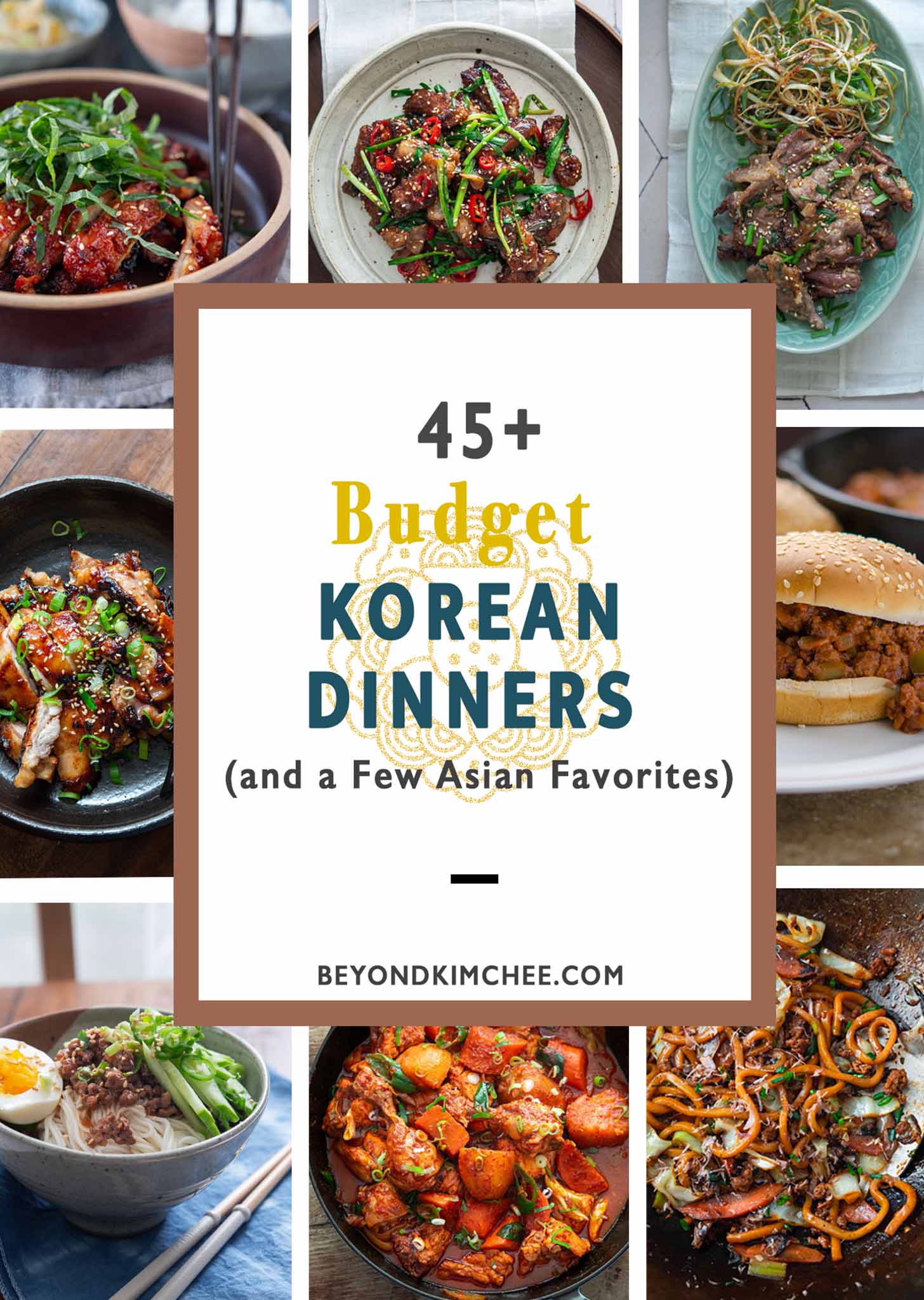 Budget-friendly Korean dinner recipes roundup featuring easy homemade dishes like bulgogi, noodles, and chicken stew.