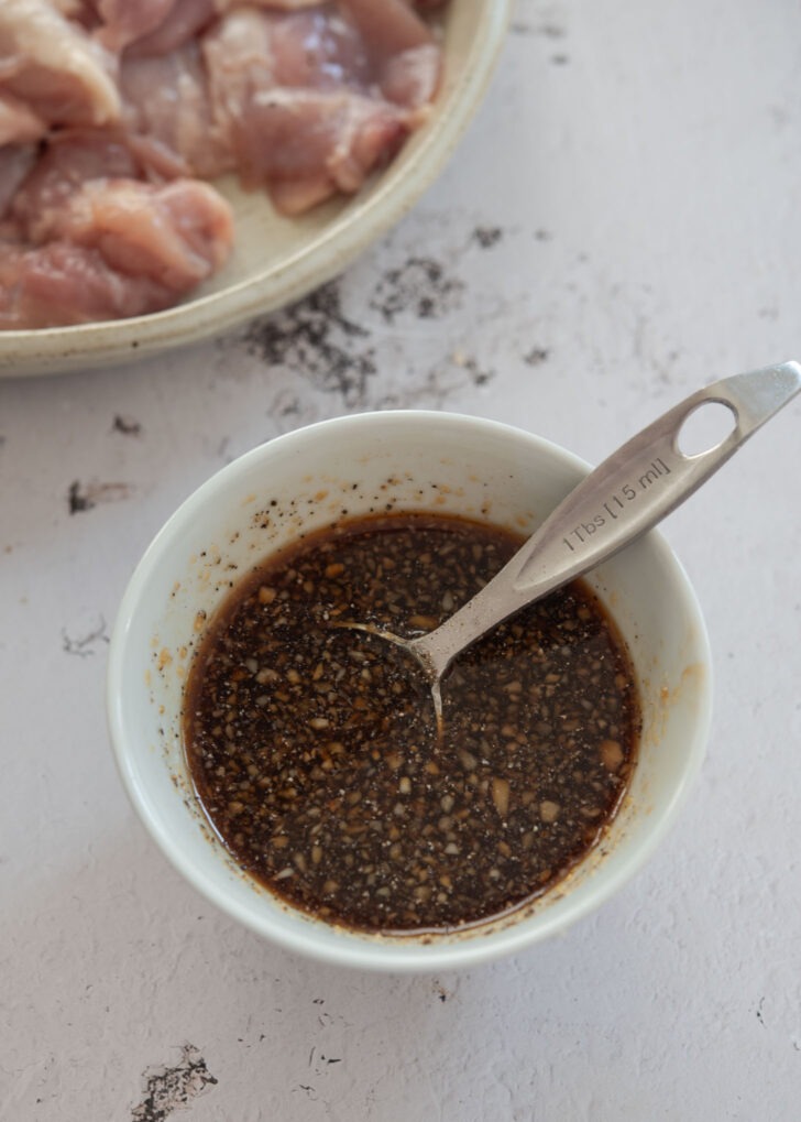 Soy-garlic glaze ingredients mixed in a bowl
