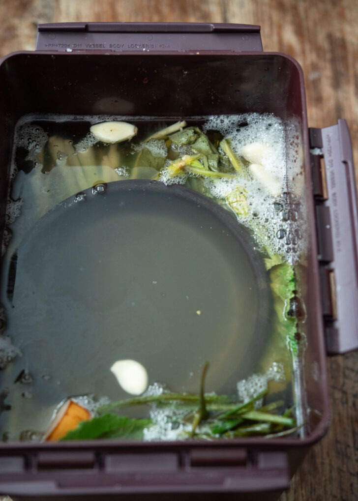 Surface bubbles showing active fermentation in the dongchimi brine