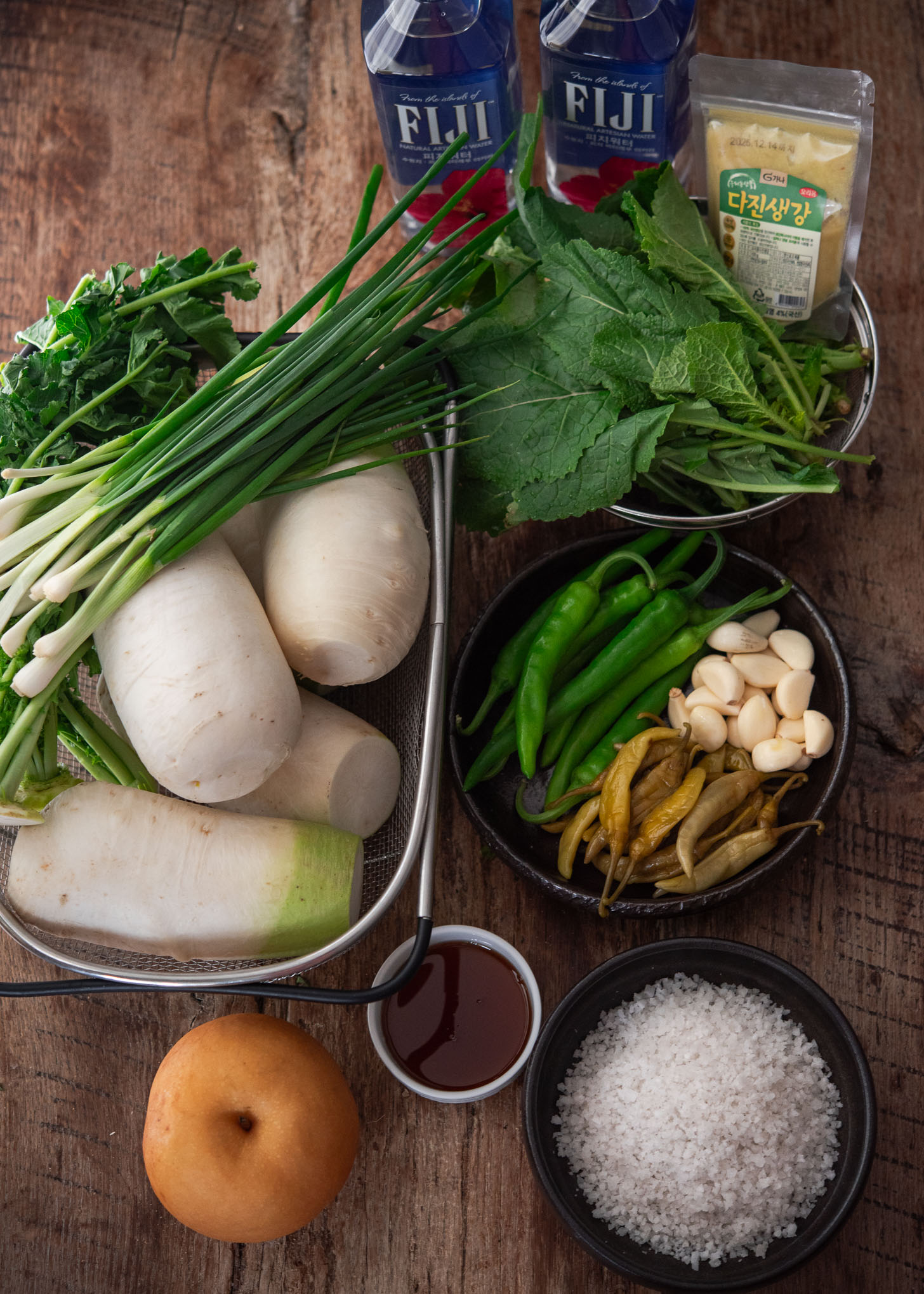 Ingredients prepared for dongchimi radish water kimchi