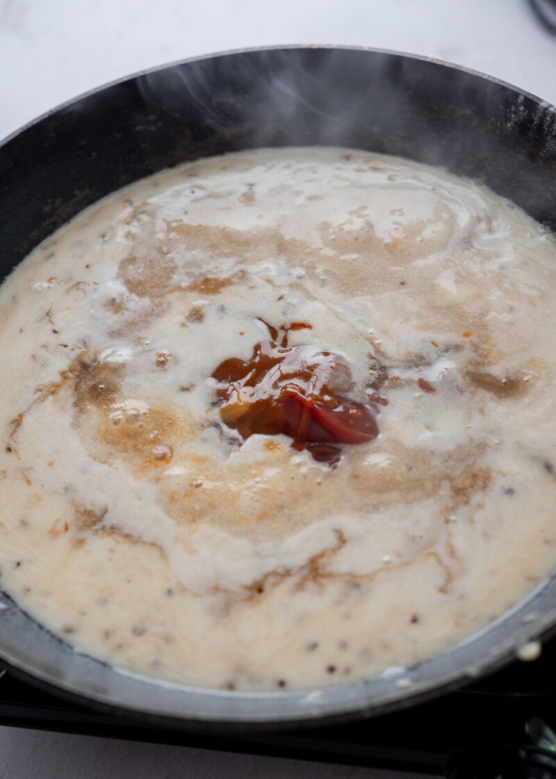 Adding milk, ketchup, steak sauce, Worcestershire sauce, and sugar to Korean donkatsu sauce