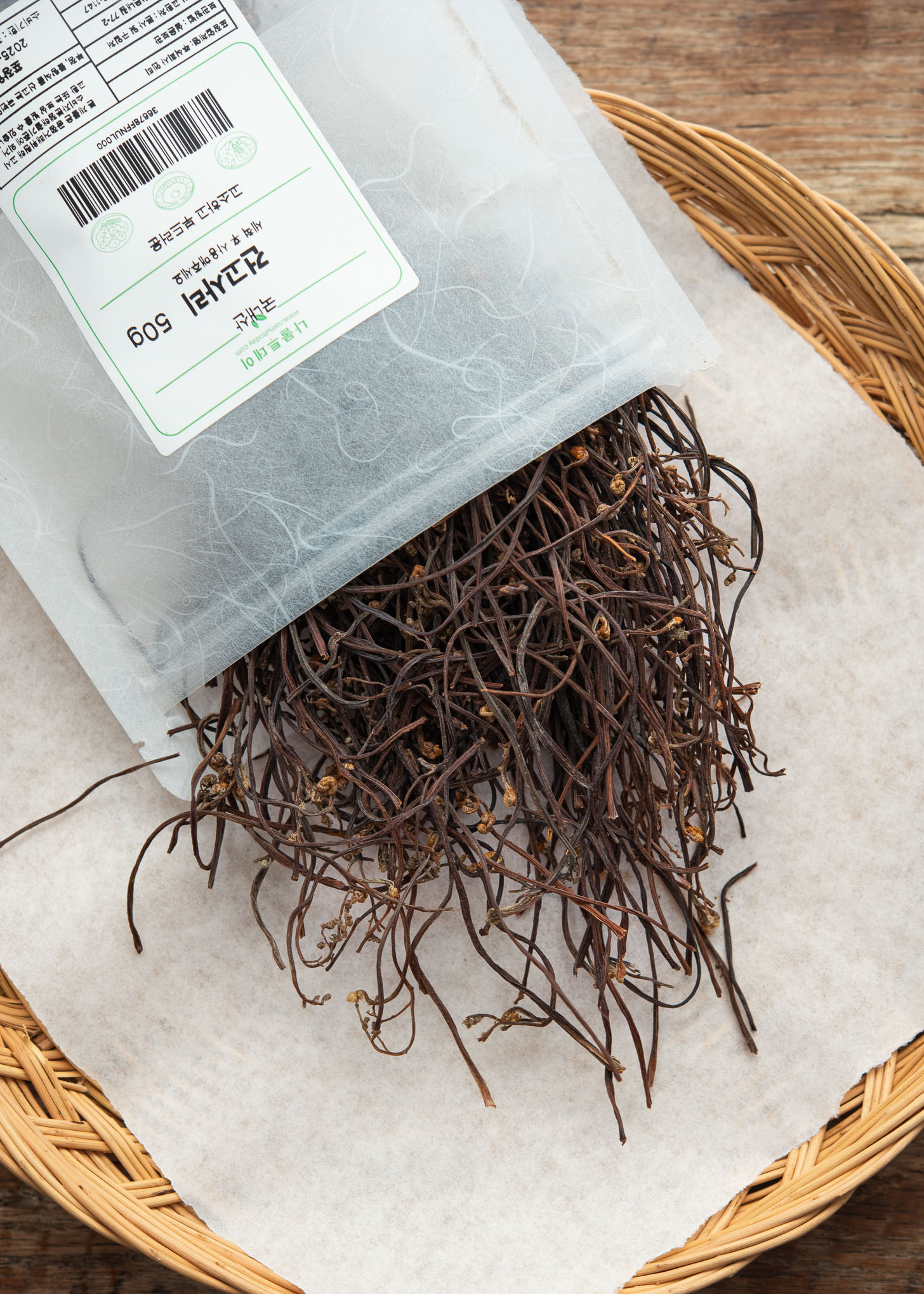 Dried gosari (Korean fernbrake) in package with long brown strands
