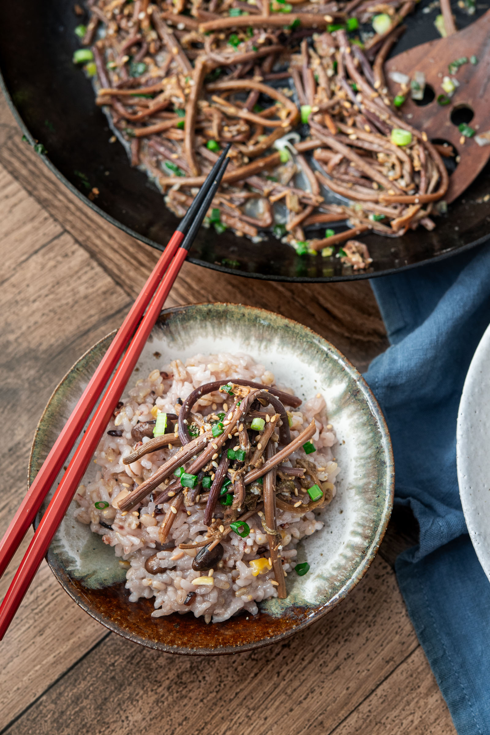 Tender gosari namul (Korean fernbrake side dish) served over rice