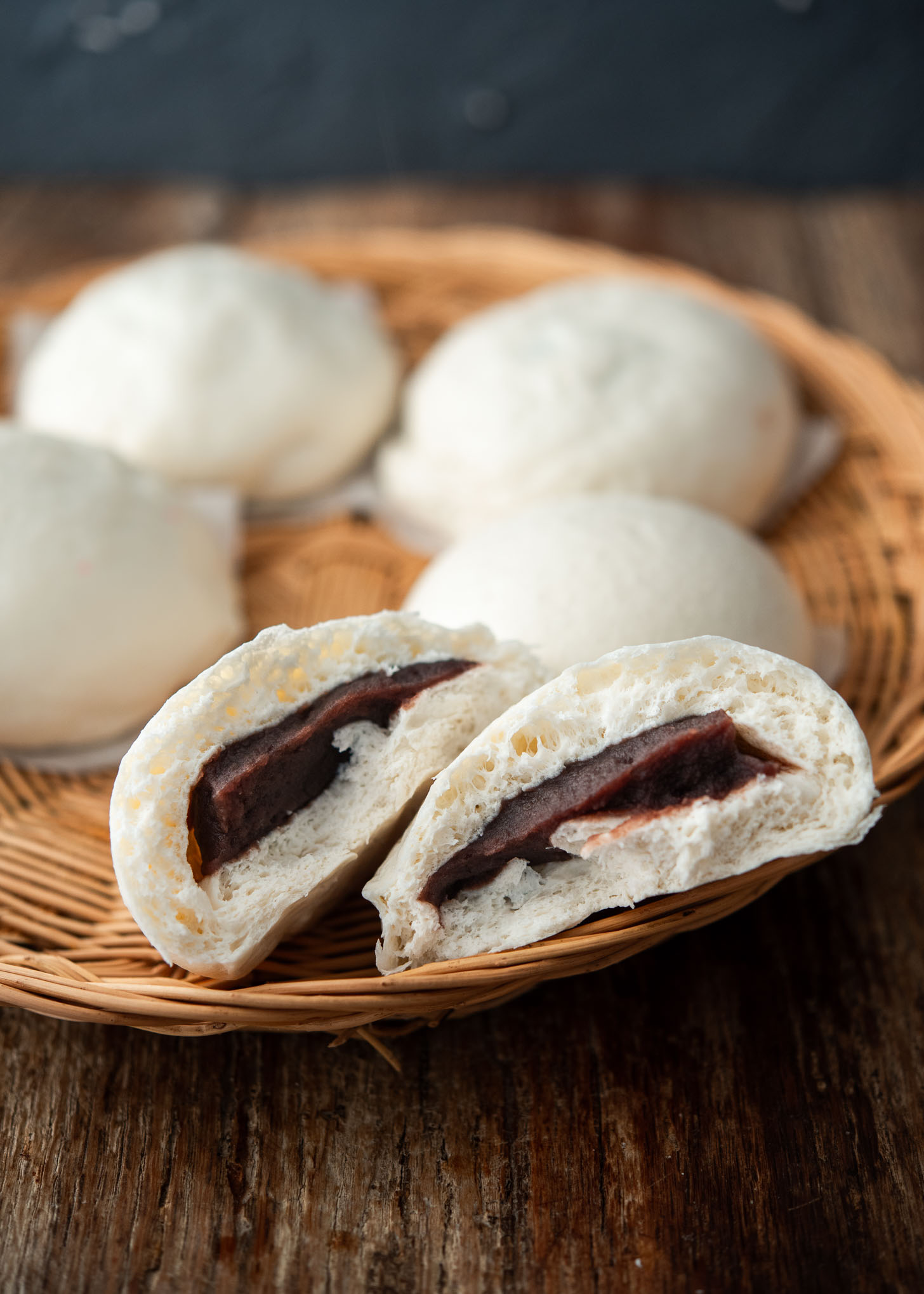 Fluffy hoppang opened to show the sweet red bean filling inside