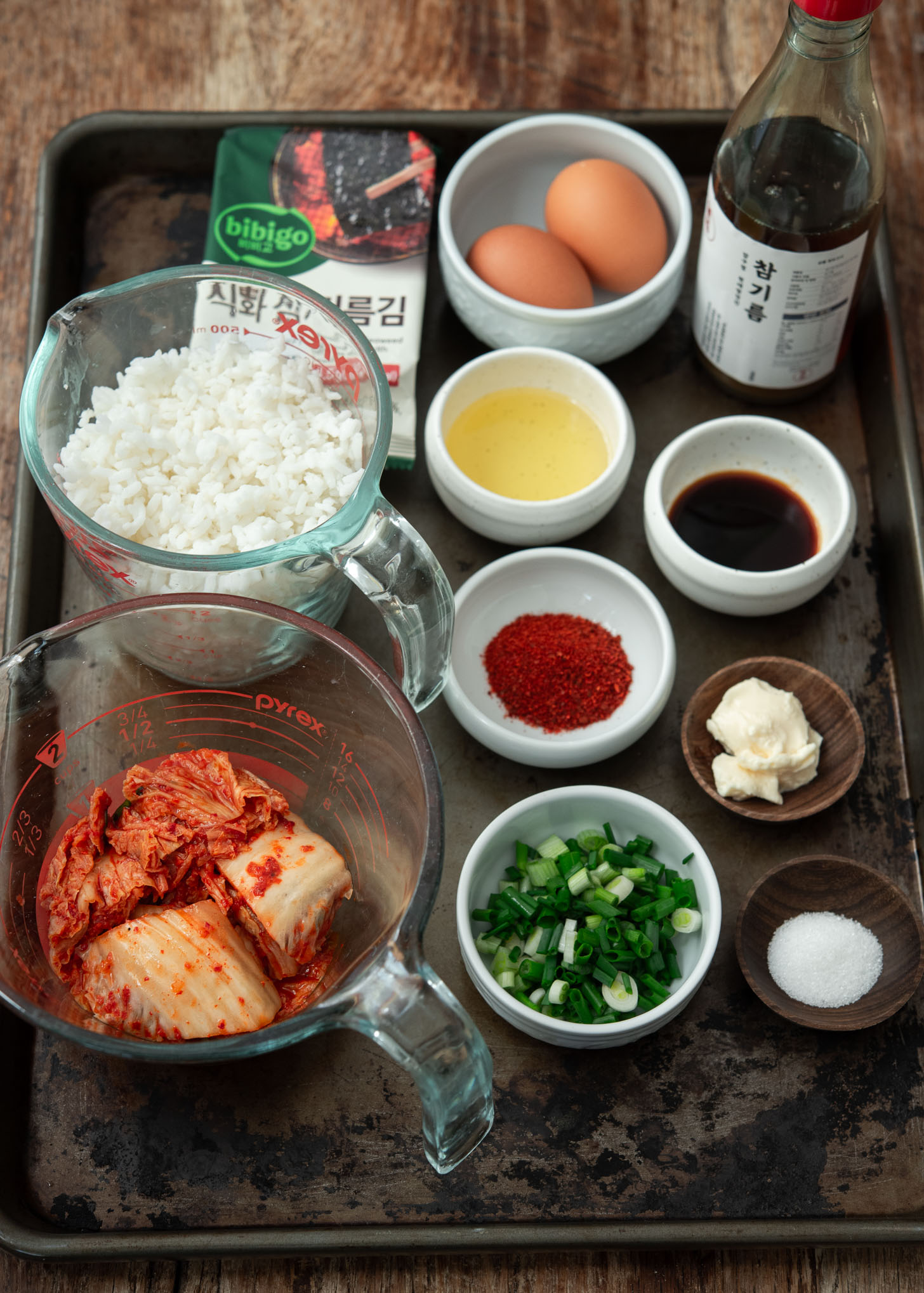 Fresh kimchi fried rice ingredients before cooking begins