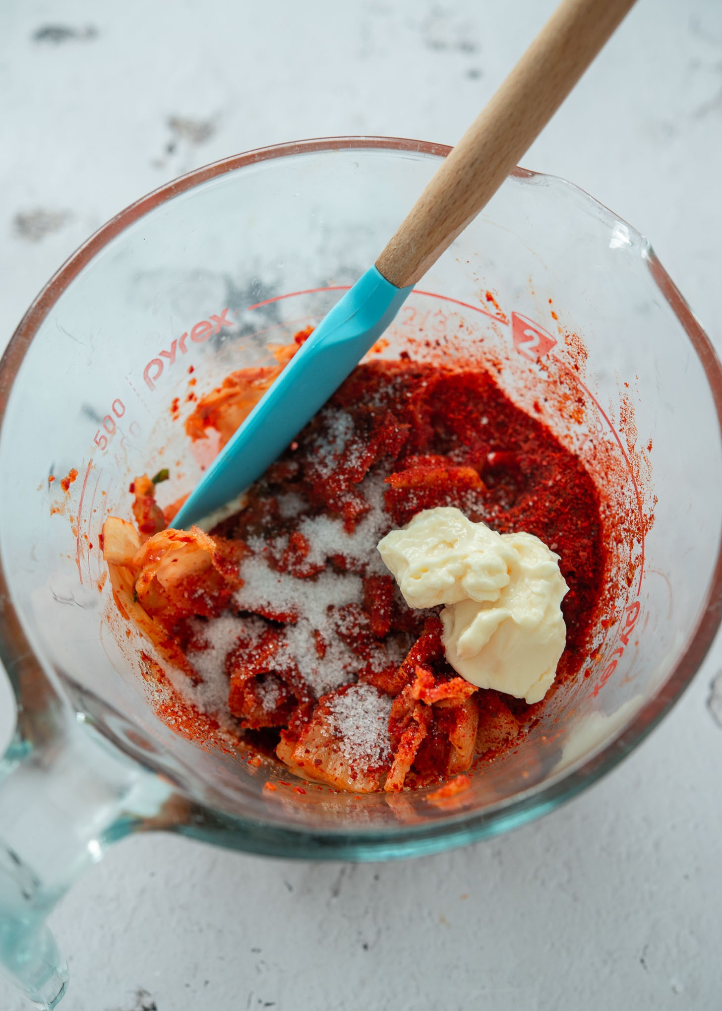 Preparing seasoned kimchi base for kimchi fried rice