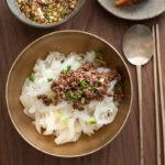 Korean radish rice bowl topped with ground beef bulgogi