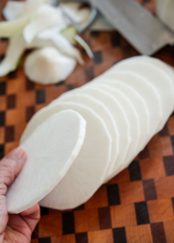 Korean radish sliced into thin round disks