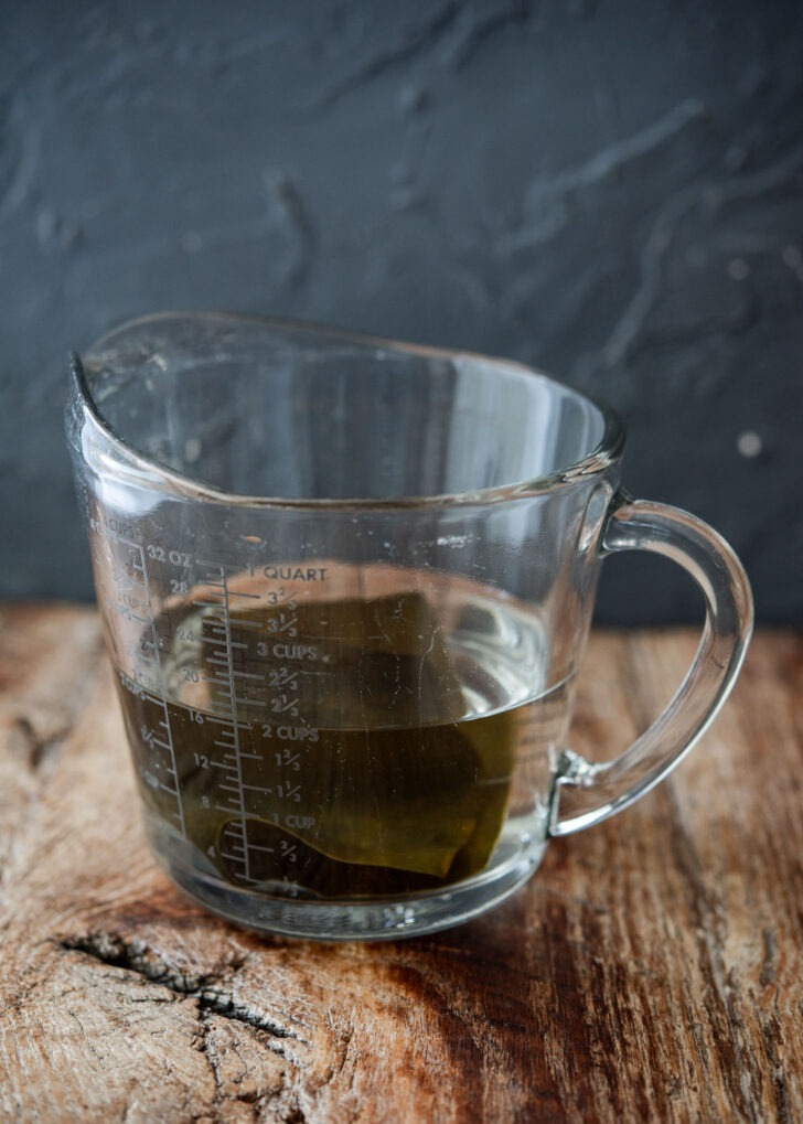 Dried sea kelp soaking in cold water to make kelp stock