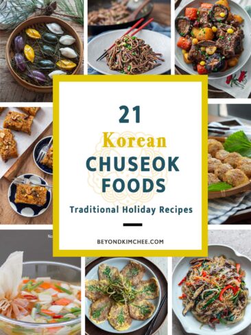 Traditional Korean Chuseok foods including jeon, songpyeon, japchae, and holiday side dishes.