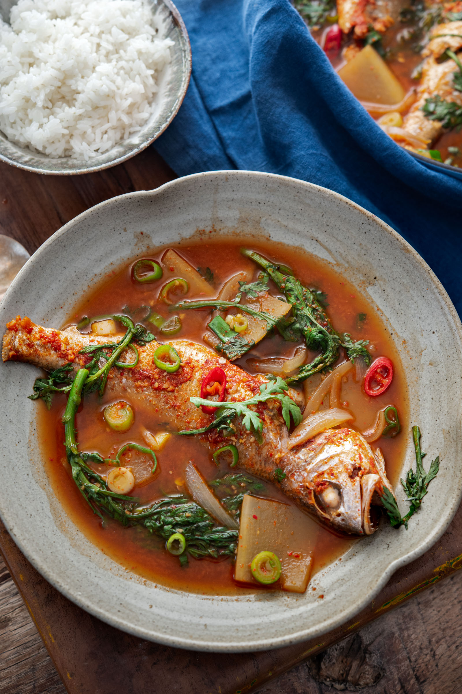 Korean maeuntang fish stew served with rice and spicy broth