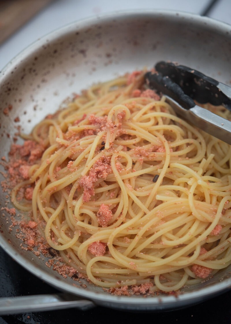 Spaghetti tossed with mentaiko (Korean myeongran)in a light garlic oil sauce