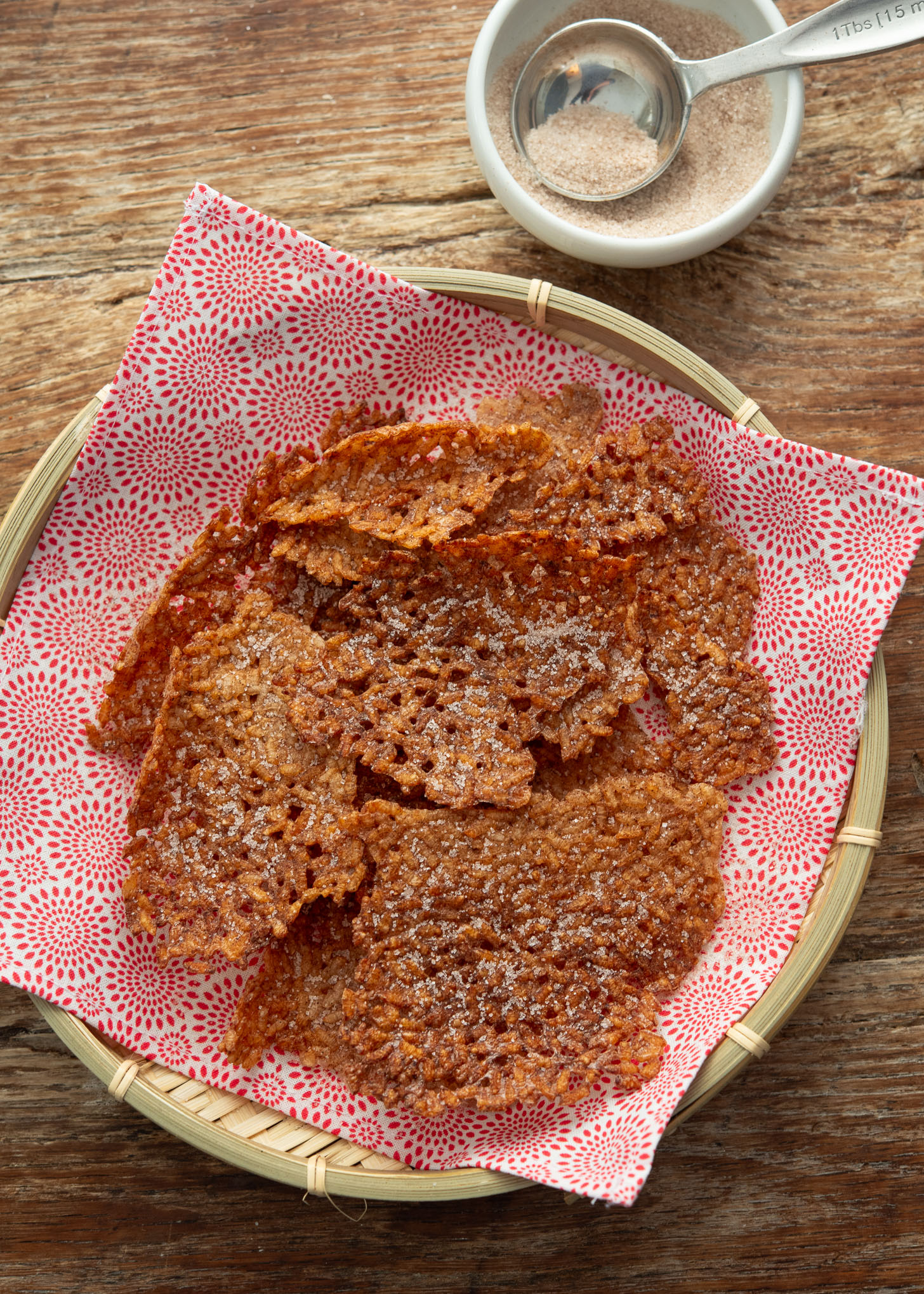 Sweet nurungji chips coated in cinnamon and sugar, baked crisp in the air fryer