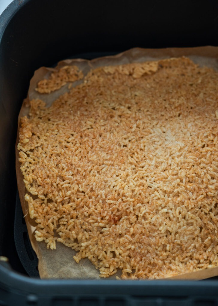 Deep golden-brown nurungji crust formed in the air fryer